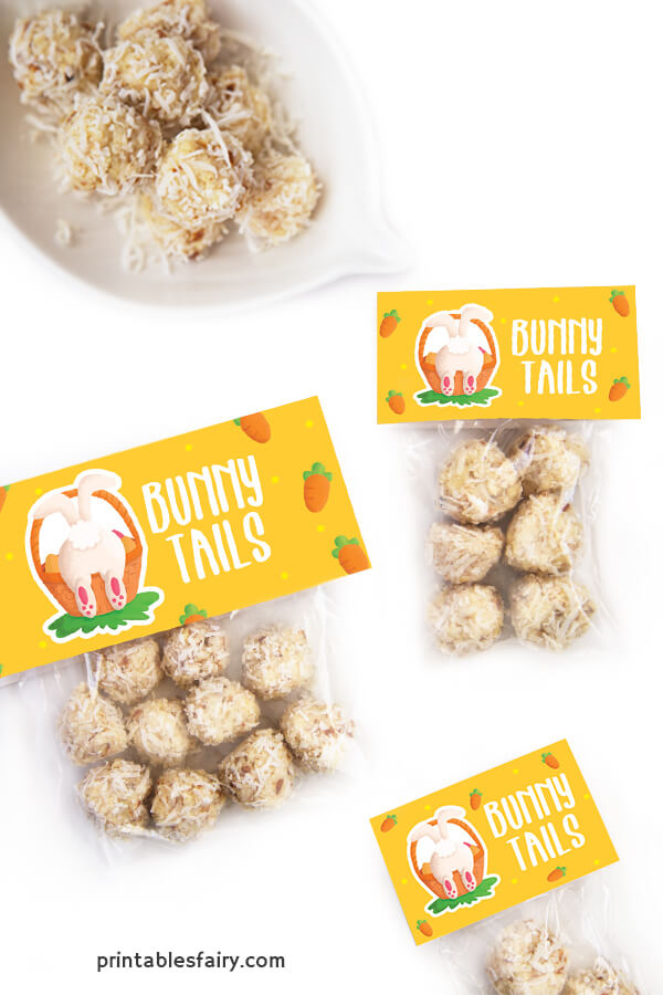 Bags of Coconut balls with toppers that read Bunny Tails next to a bunny illustration