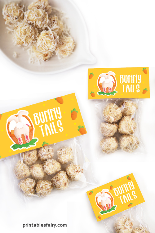 Bags of Coconut balls with toppers that read Bunny Tails next to a bunny tail illustration
