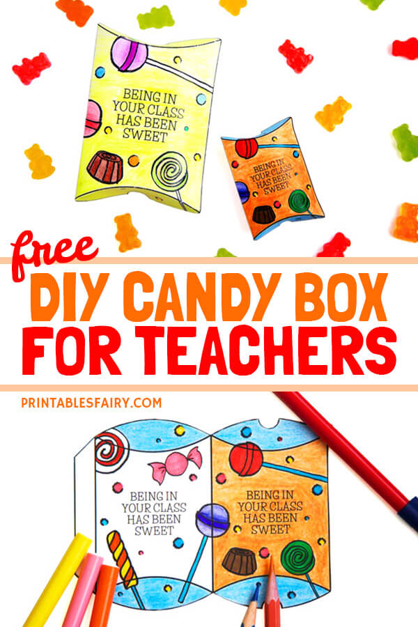 Teacher Appreciation Gift Box filled with green gummy bears above gift box templates