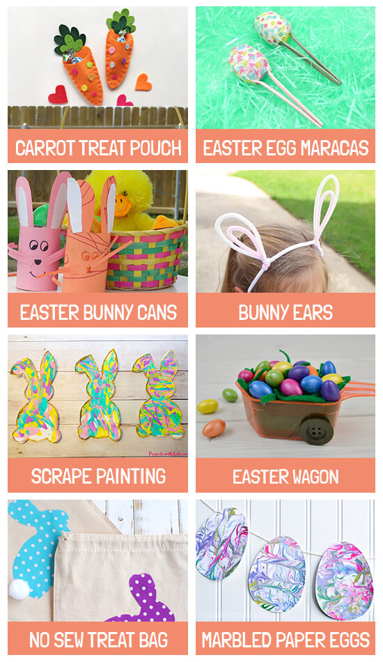 Collage of crafts: Carrot treat pouch, Maracas, Bunny cans, Bunny ears, Scrape painting, Easter wagon, No sew treat bags and Marbled paper eggs