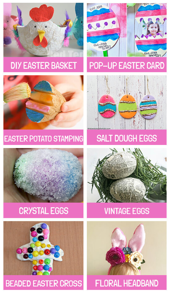 Collage of crafts: DIY Easter basket, Pop-up egg card, Potato stamping, Salt dough eggs, Crystal eggs, Vintage eggs, Beaded Easter cross and floral headband