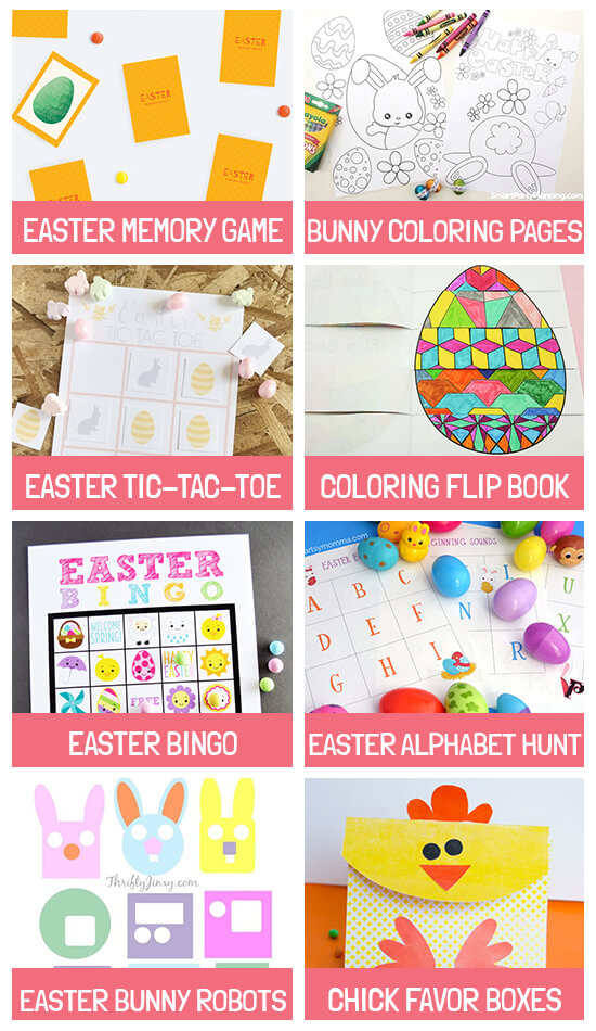 Collage of activities: Easter memory game, Bunny coloring pages, Tic-Tac-Toe, Coloring flip book, Easter bingo, Alphabet hunt, Bunny robots and Chick boxes