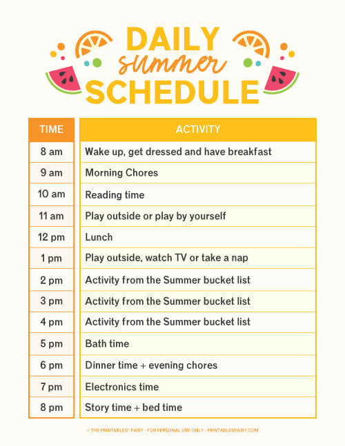 Our daily summer schedule from 8 am till 8 pm