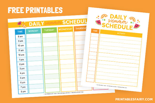 Fill-in summer schedule templates on an orange table