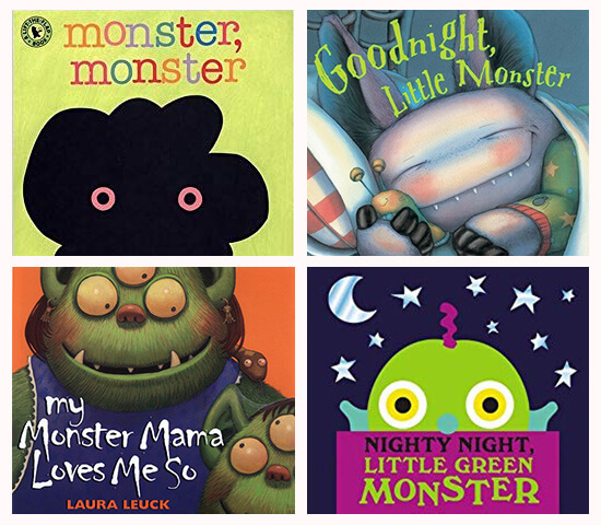 Book covers of: Monster, monster; Goodnight, little monster; My monster mama loves me so; and Night, night little green monster