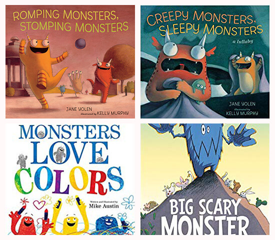 Book covers of: Romping monsters, stomping monsters Creepy monsters, sleepy monsters; Monsters love colors; and Big scary monster