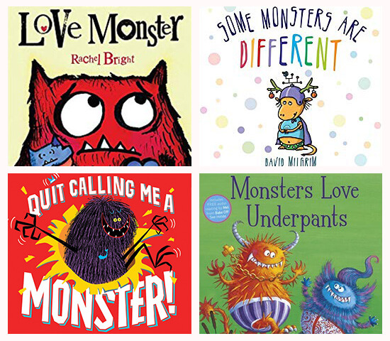 Book covers of: Love monster, Some monsters are different, Quit calling me a monster, and Monsters love underpants.