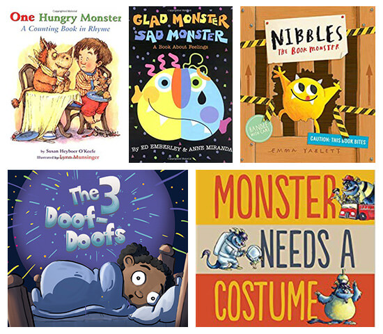 Book covers of: One hungry monster, Glad monster Sad Monster, Nibbles the monster book, The 3 doof-doofs, and Monster needs a costume.