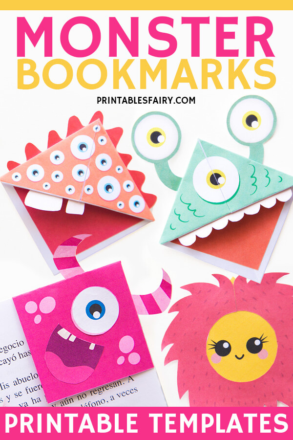 3 colourful monster bookmarks. Pink monster bookmark with one eye and two horns on the corner of a book. Light pink monster bookmark with lots of eyes and spikes. Blue monster bookmark with 3 eye. 