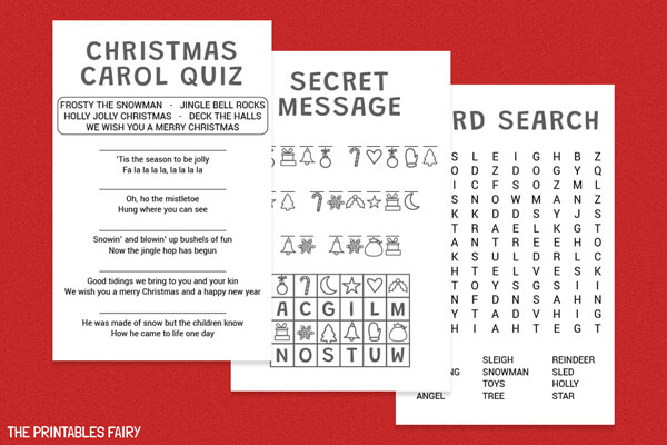 Christmas carol quiz, Christmas secret message, and Christmas word search