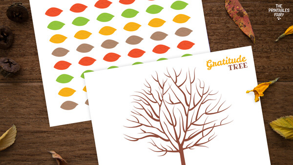 Printed pages with the gratitude tree and the leaves