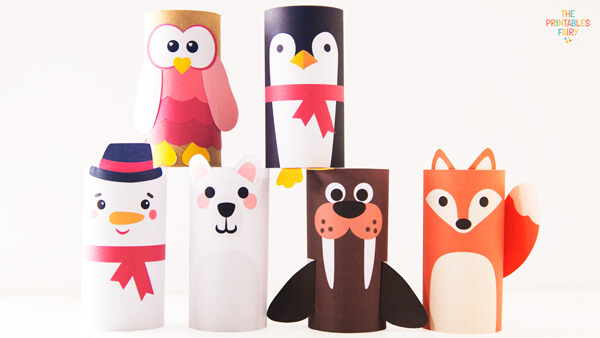 Owl, penguin, snowman, polar bear, walrus, and fox toilet paper roll crafts