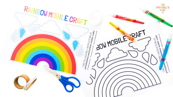 From left to right: Rainbow mobile templates, tape, scissors, string, crayons