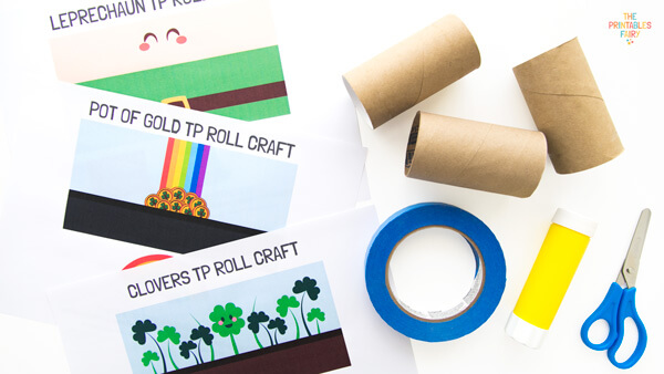 St. Patrick’s Day Toilet Paper Roll Craft Templates, 3 toilet paper tubes, tape, glue, and scissors