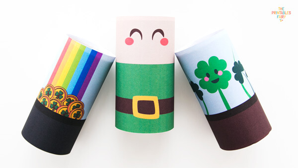 Pot of gold, leprechaun, and lucky clover paper tubes