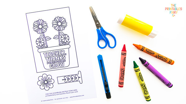 Flower Pot Card template, scissors, glue stick, cutter, and crayons