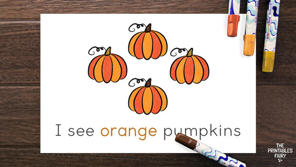 Page with 4 pumpkins and the phrase: I see orange pumpkins
