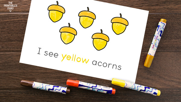Page with 5 acorns and the phrase: I see yellow acorns