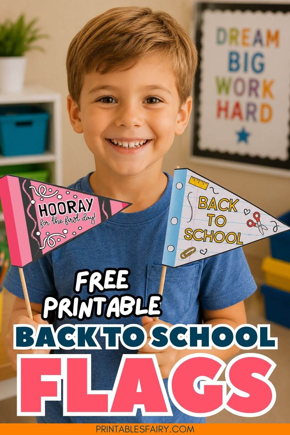 Child holding two Back to School Flags for a first day of school photo