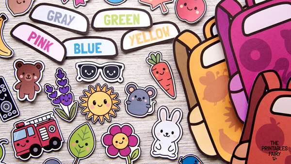 Backpacks, colored objects, and color names