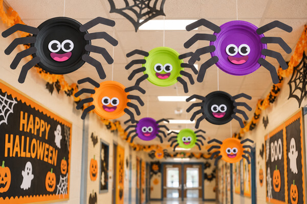 Colorful Paper Plate Spiders decorating a school hallway